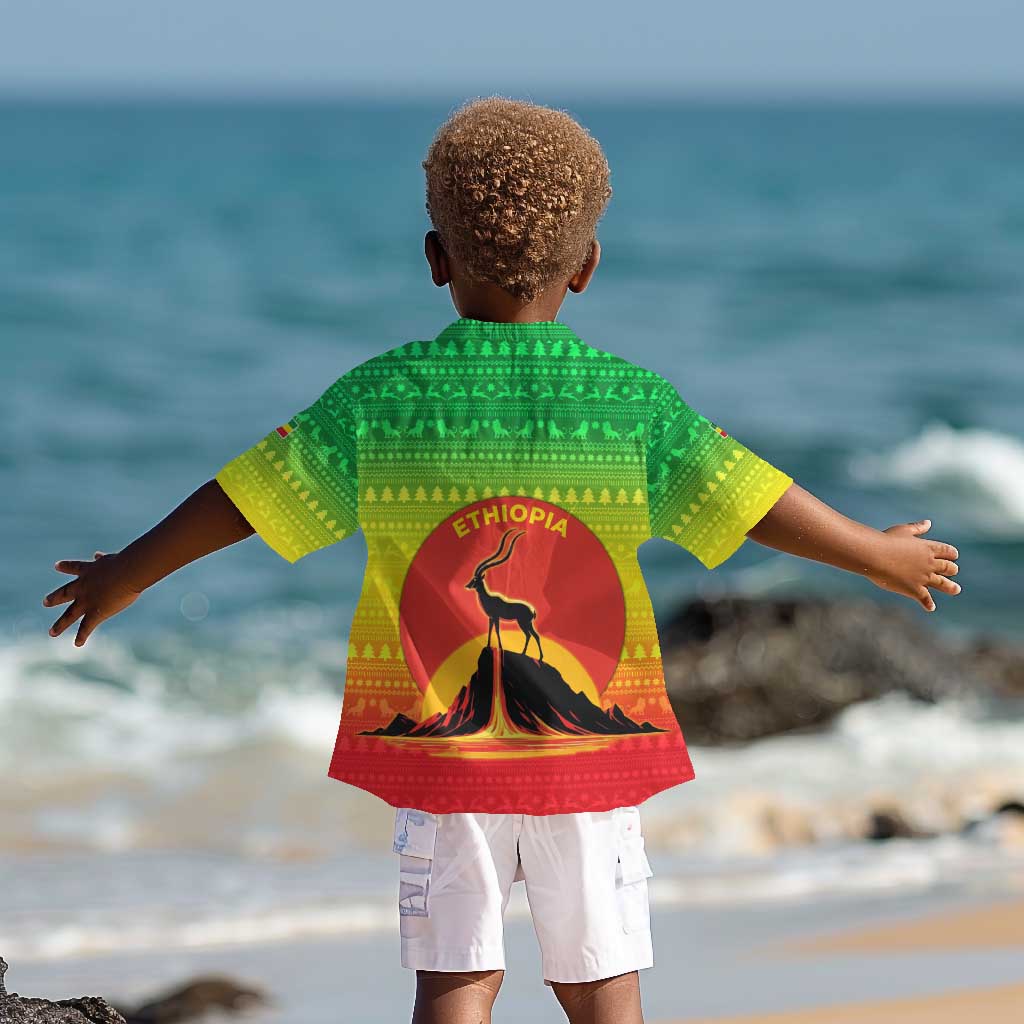 Ethiopia Christmas Kid Hawaiian Shirt Mountain Gazelle Sunset Ethiopian Flag - African Pride