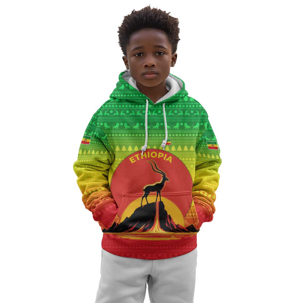Ethiopia Christmas Kid Hoodie Mountain Gazelle Sunset Ethiopian Flag - African Pride