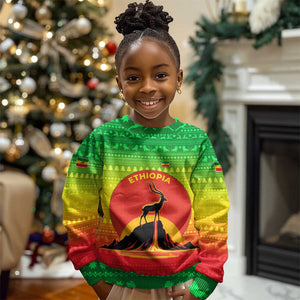 Ethiopia Christmas Kid Ugly Christmas Sweater Mountain Gazelle Sunset Ethiopian Flag - African Pride