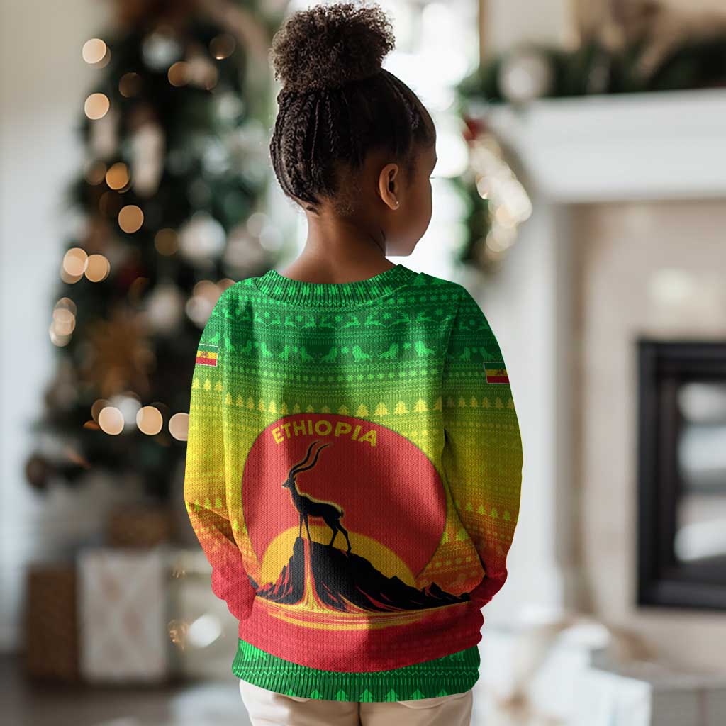 Ethiopia Christmas Kid Ugly Christmas Sweater Mountain Gazelle Sunset Ethiopian Flag - African Pride