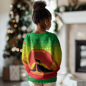 Ethiopia Christmas Kid Ugly Christmas Sweater Mountain Gazelle Sunset Ethiopian Flag - African Pride
