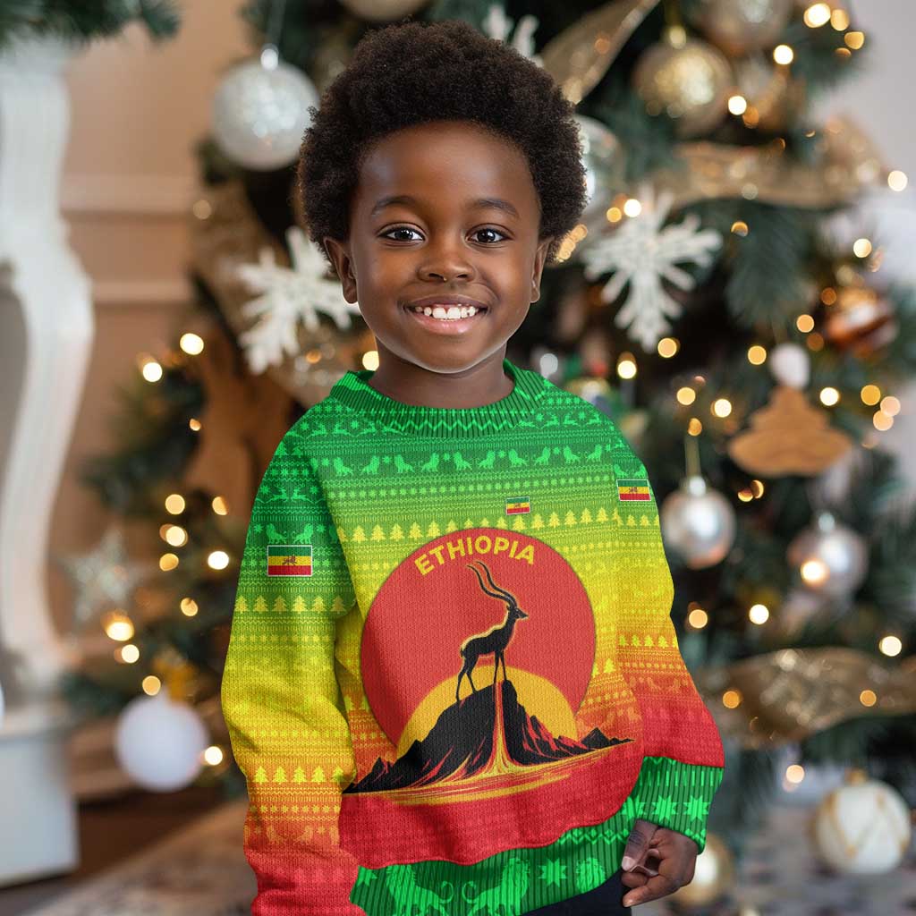 Ethiopia Christmas Kid Ugly Christmas Sweater Mountain Gazelle Sunset Ethiopian Flag - African Pride