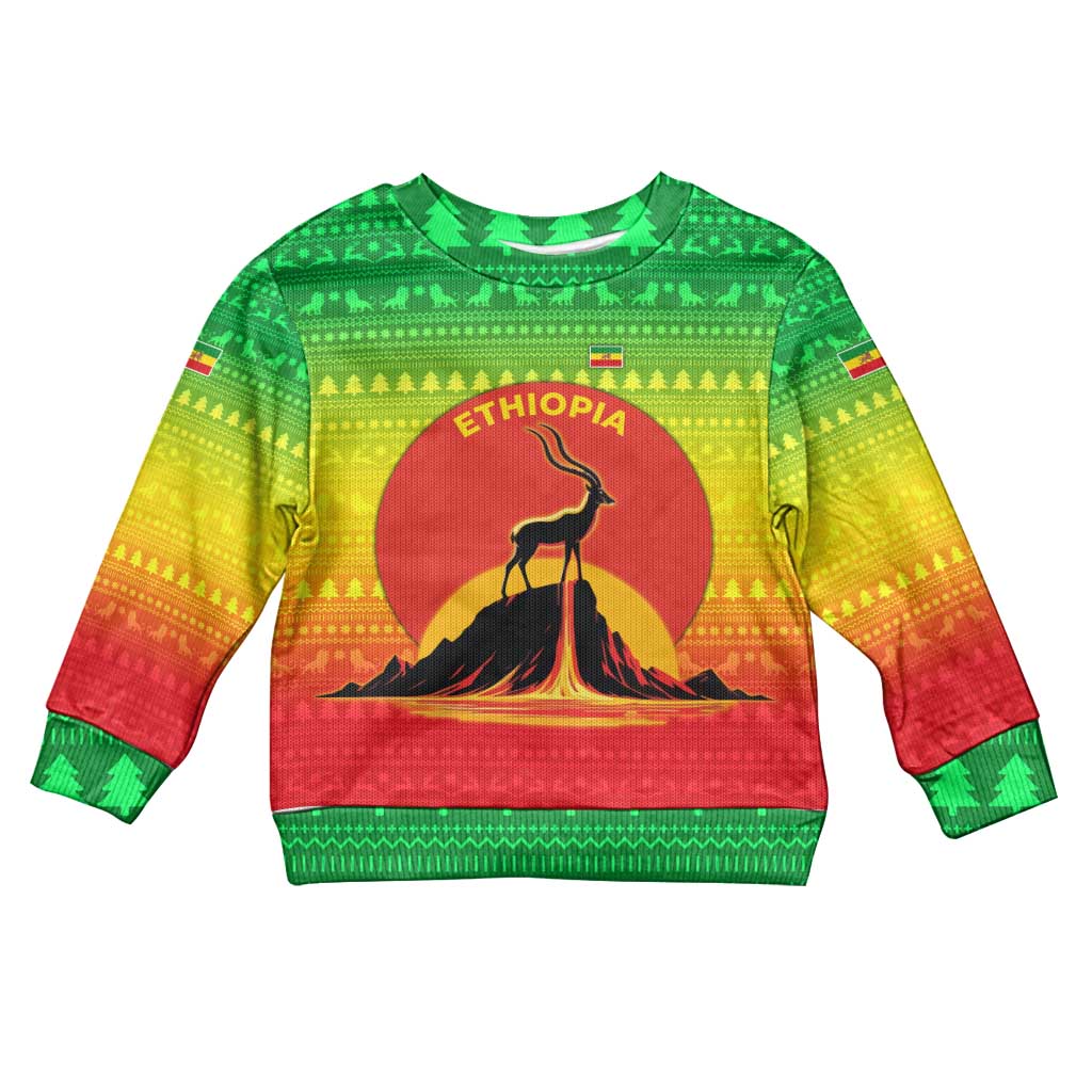Ethiopia Christmas Kid Ugly Christmas Sweater Mountain Gazelle Sunset Ethiopian Flag - African Pride