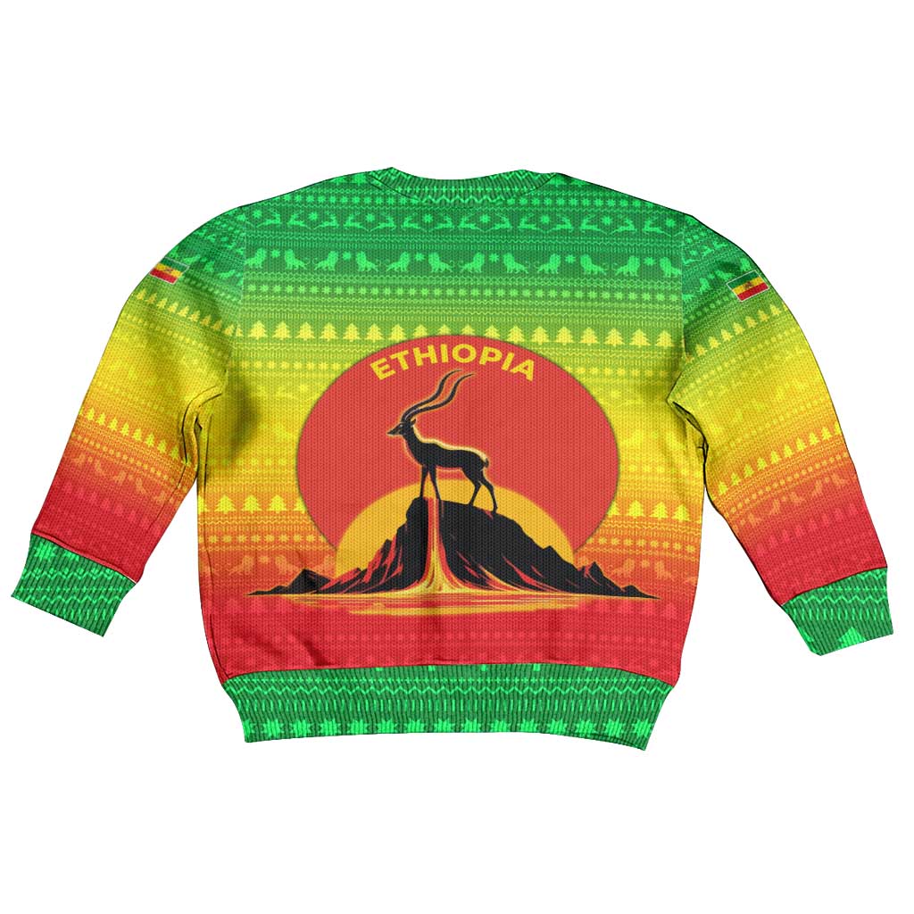 Ethiopia Christmas Kid Ugly Christmas Sweater Mountain Gazelle Sunset Ethiopian Flag - African Pride
