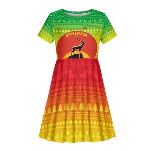 Ethiopia Christmas Kid Short Sleeve Dress Mountain Gazelle Sunset Ethiopian Flag - African Pride