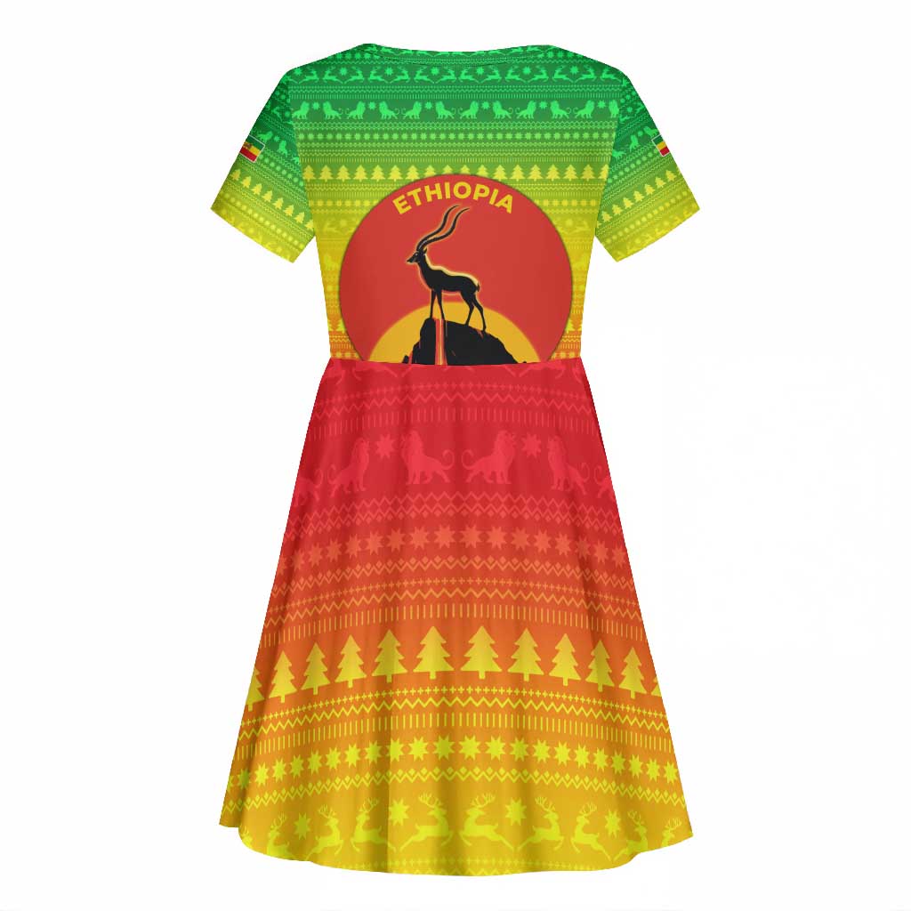 Ethiopia Christmas Kid Short Sleeve Dress Mountain Gazelle Sunset Ethiopian Flag - African Pride