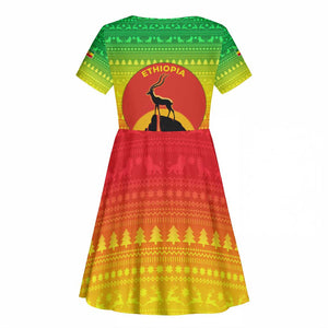 Ethiopia Christmas Kid Short Sleeve Dress Mountain Gazelle Sunset Ethiopian Flag - African Pride