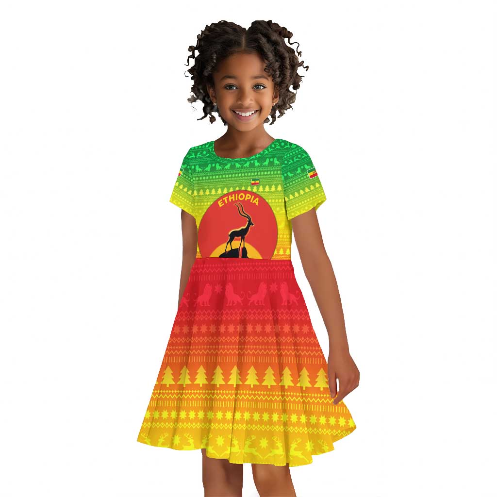 Ethiopia Christmas Kid Short Sleeve Dress Mountain Gazelle Sunset Ethiopian Flag - African Pride