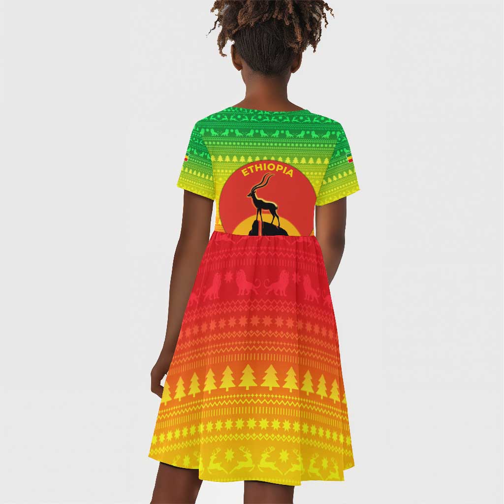 Ethiopia Christmas Kid Short Sleeve Dress Mountain Gazelle Sunset Ethiopian Flag - African Pride