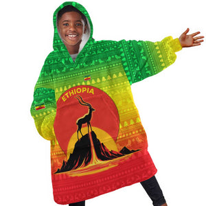 Ethiopia Christmas Kid Wearable Blanket Hoodie Mountain Gazelle Sunset Ethiopian Flag - African Pride