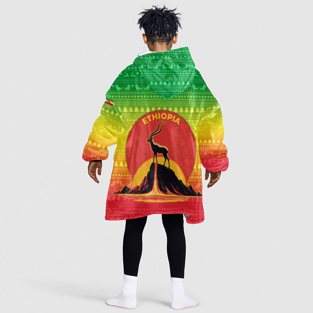 Ethiopia Christmas Kid Wearable Blanket Hoodie Mountain Gazelle Sunset Ethiopian Flag - African Pride