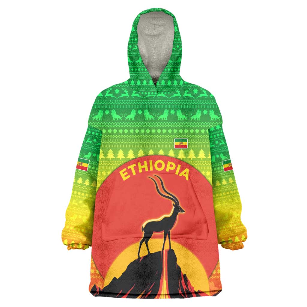 Ethiopia Christmas Kid Wearable Blanket Hoodie Mountain Gazelle Sunset Ethiopian Flag - African Pride