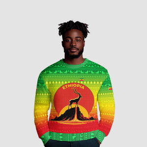 Ethiopia Christmas Ugly Christmas Sweater Mountain Gazelle Sunset Ethiopian Flag - African Pride