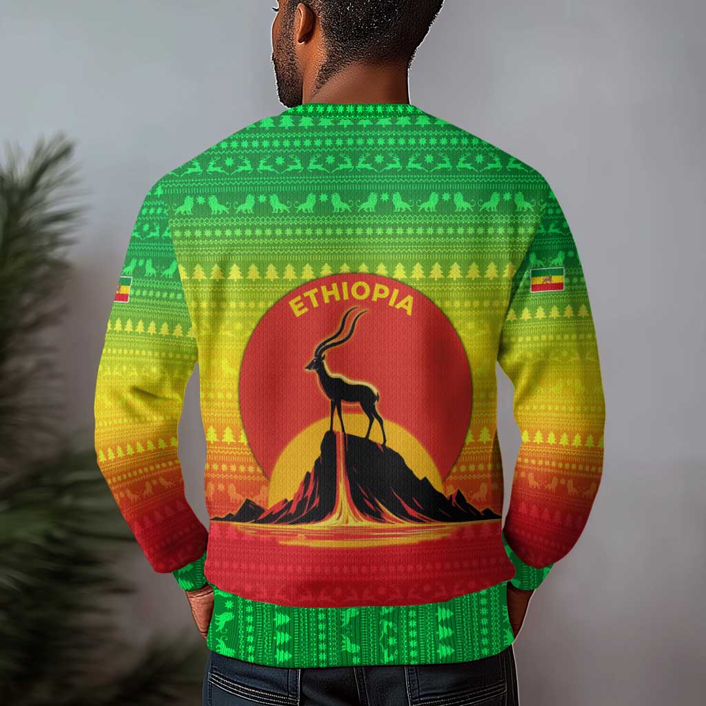 Ethiopia Christmas Ugly Christmas Sweater Mountain Gazelle Sunset Ethiopian Flag - African Pride