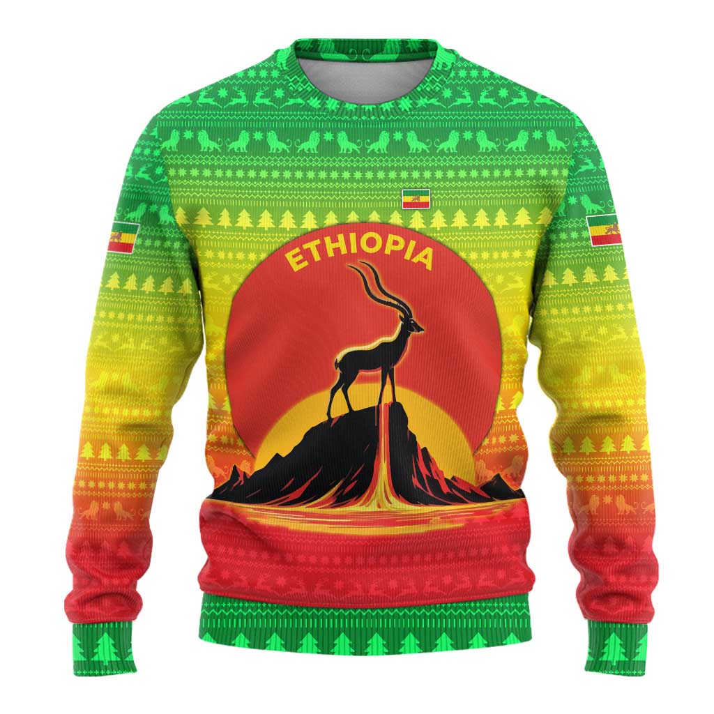 Ethiopia Christmas Ugly Christmas Sweater Mountain Gazelle Sunset Ethiopian Flag - African Pride