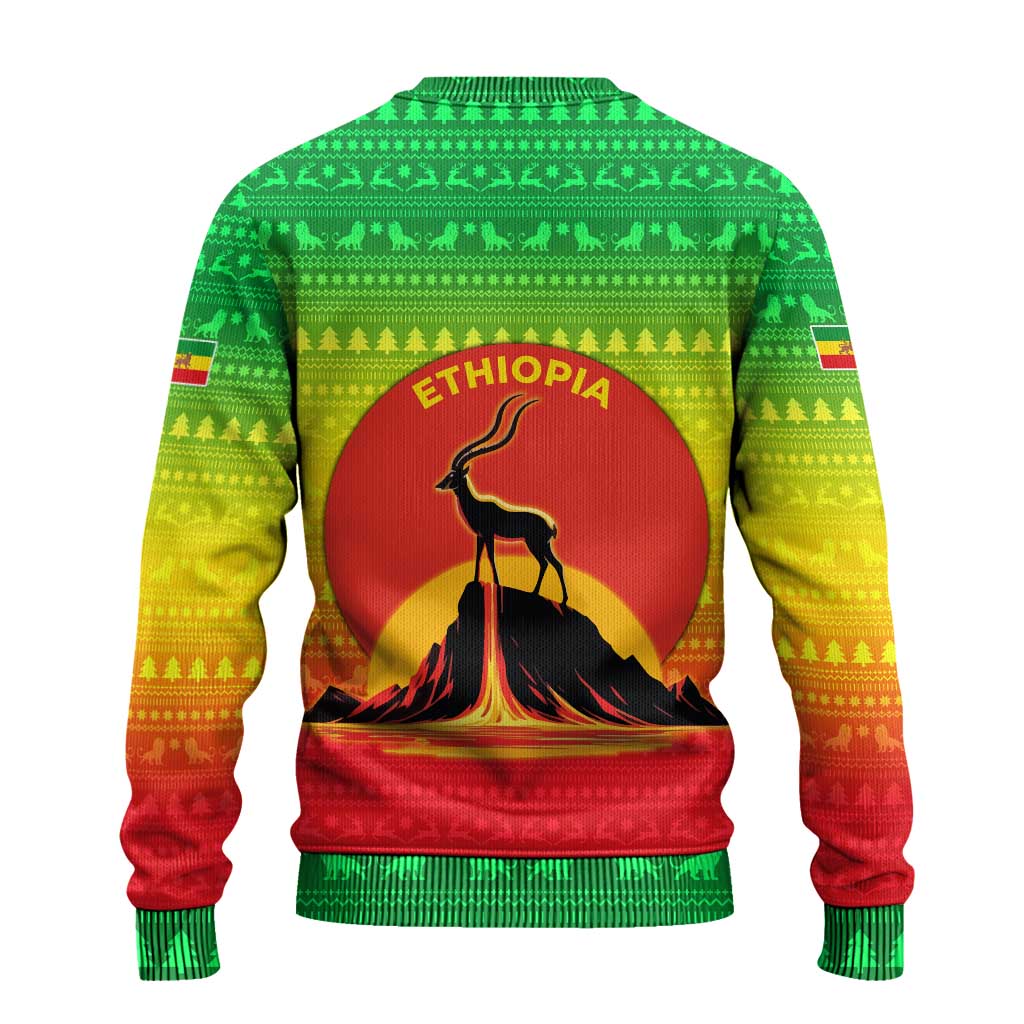 Ethiopia Christmas Ugly Christmas Sweater Mountain Gazelle Sunset Ethiopian Flag - African Pride