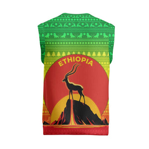 Ethiopia Christmas Knitted V-Neck Vest Mountain Gazelle Sunset Ethiopian Flag - African Pride