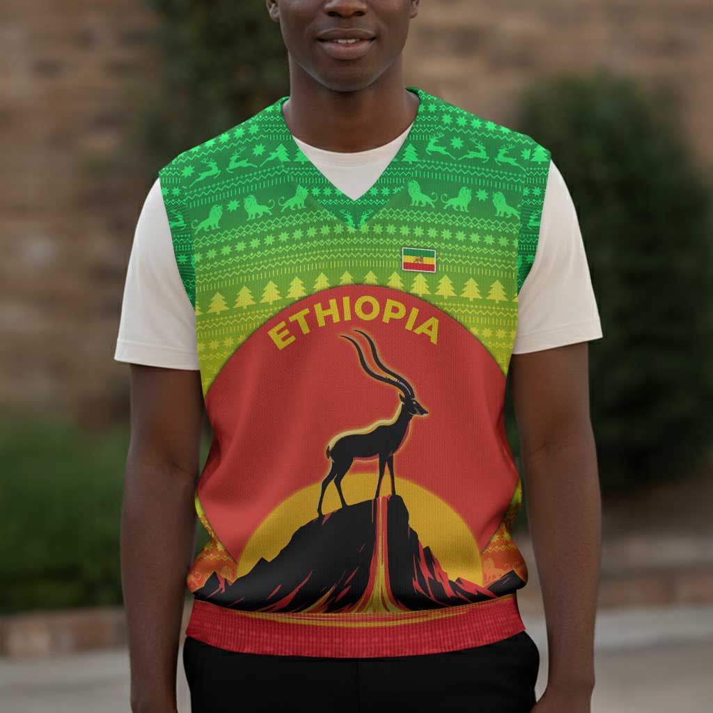 Ethiopia Christmas Knitted V-Neck Vest Mountain Gazelle Sunset Ethiopian Flag - African Pride