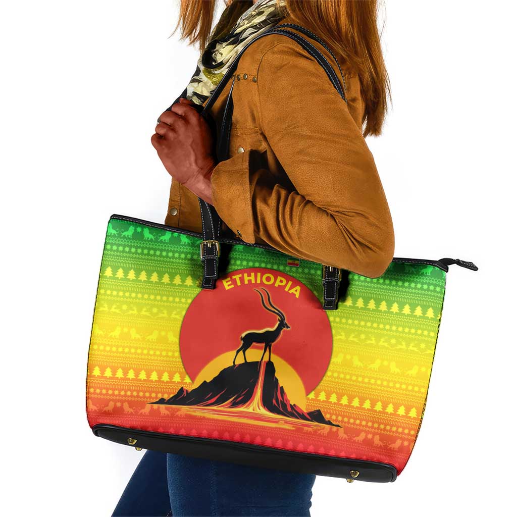 Ethiopia Christmas Leather Tote Bag Mountain Gazelle Sunset Ethiopian Flag - African Pride