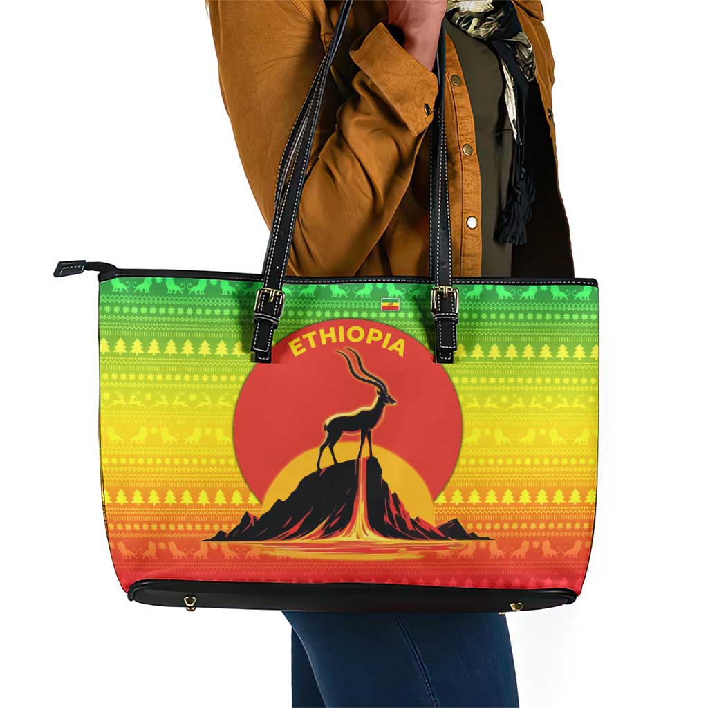 Ethiopia Christmas Leather Tote Bag Mountain Gazelle Sunset Ethiopian Flag - African Pride