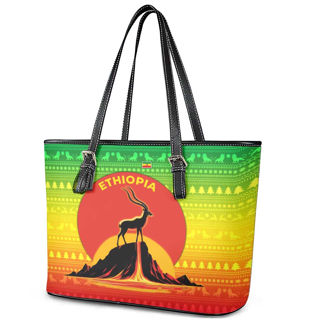 Ethiopia Christmas Leather Tote Bag Mountain Gazelle Sunset Ethiopian Flag - African Pride