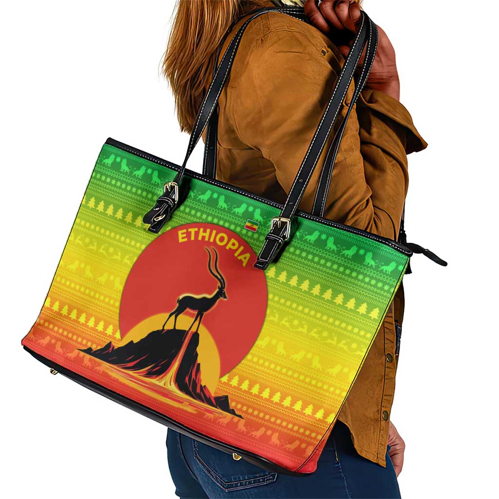 Ethiopia Christmas Leather Tote Bag Mountain Gazelle Sunset Ethiopian Flag - African Pride