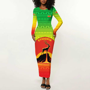 Ethiopia Christmas Long Sleeve Bodycon Dress Mountain Gazelle Sunset Ethiopian Flag - African Pride