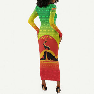 Ethiopia Christmas Long Sleeve Bodycon Dress Mountain Gazelle Sunset Ethiopian Flag - African Pride