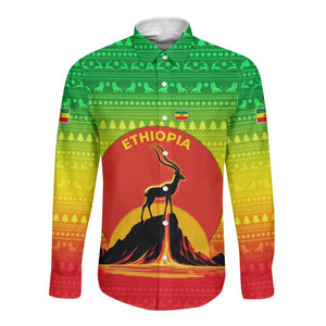 Ethiopia Christmas Long Sleeve Button Shirt Mountain Gazelle Sunset Ethiopian Flag - African Pride