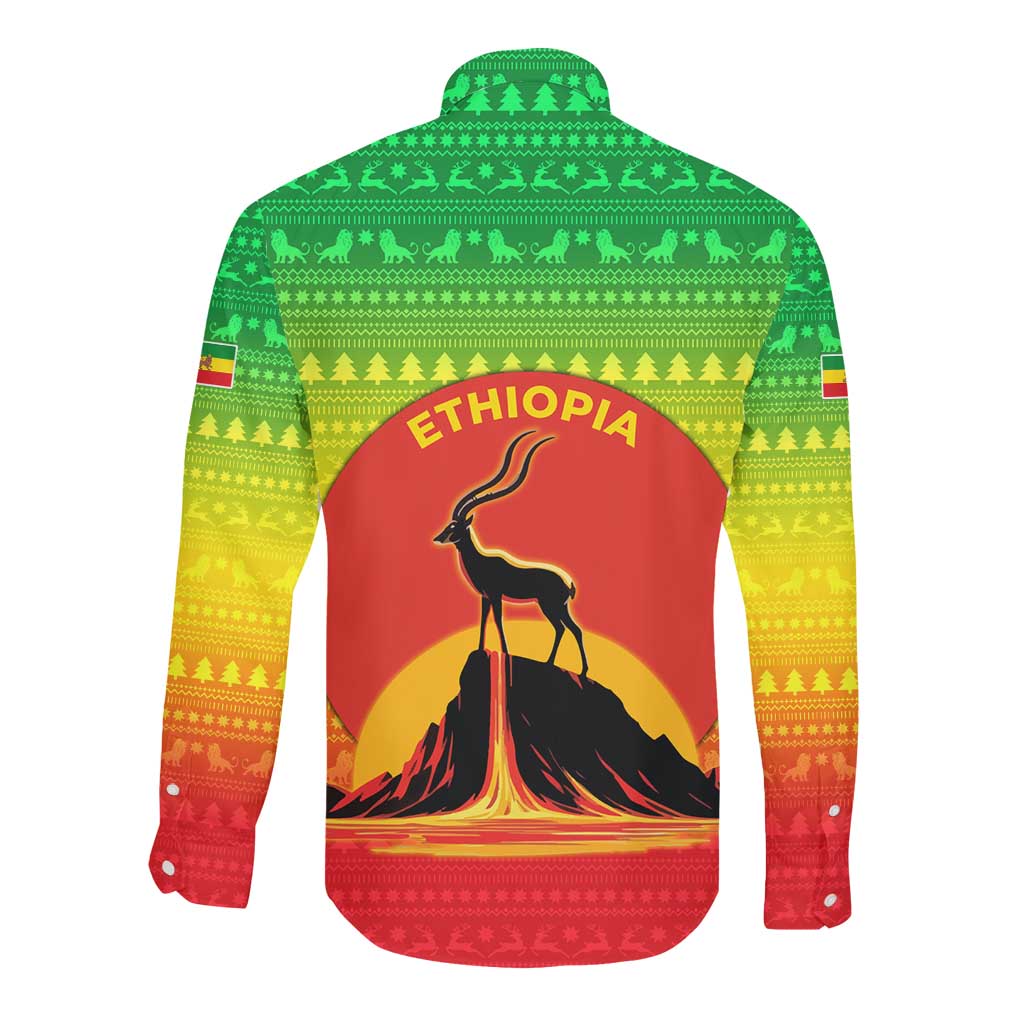 Ethiopia Christmas Long Sleeve Button Shirt Mountain Gazelle Sunset Ethiopian Flag - African Pride