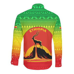 Ethiopia Christmas Long Sleeve Button Shirt Mountain Gazelle Sunset Ethiopian Flag - African Pride