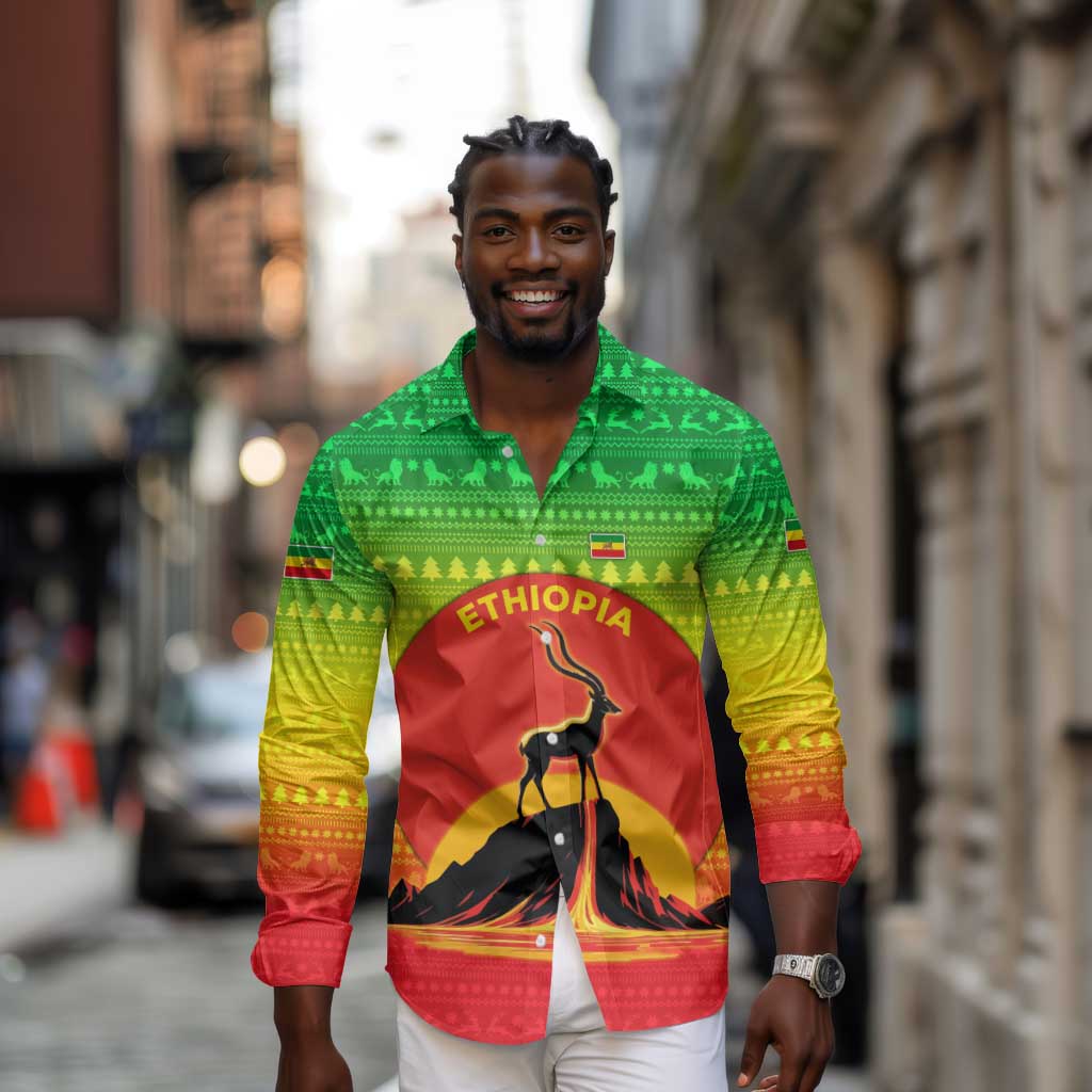 Ethiopia Christmas Long Sleeve Button Shirt Mountain Gazelle Sunset Ethiopian Flag - African Pride
