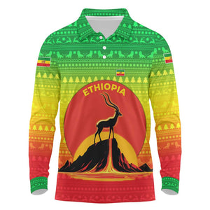 Ethiopia Christmas Long Sleeve Polo Shirt Mountain Gazelle Sunset Ethiopian Flag - African Pride