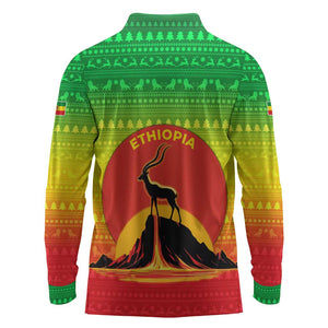 Ethiopia Christmas Long Sleeve Polo Shirt Mountain Gazelle Sunset Ethiopian Flag - African Pride