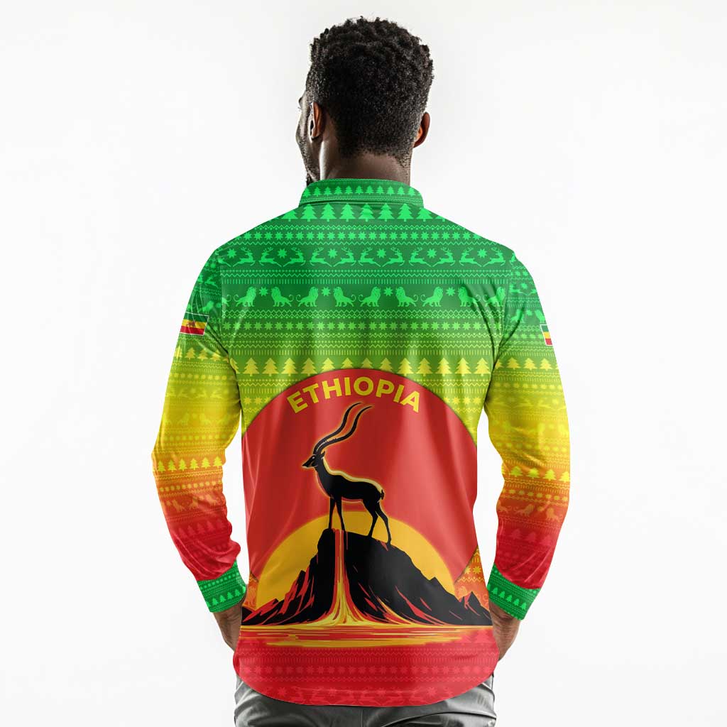 Ethiopia Christmas Long Sleeve Polo Shirt Mountain Gazelle Sunset Ethiopian Flag - African Pride