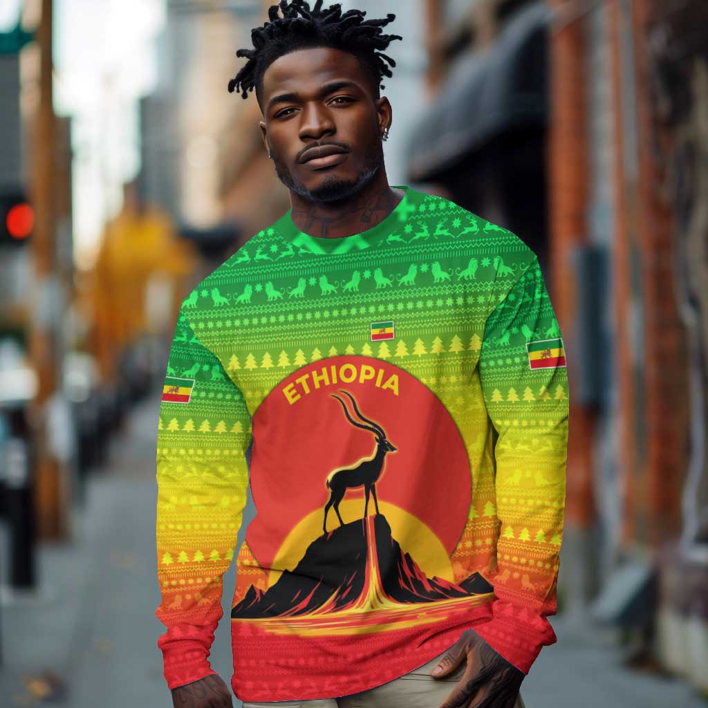 Ethiopia Christmas Long Sleeve Shirt Mountain Gazelle Sunset Ethiopian Flag - African Pride