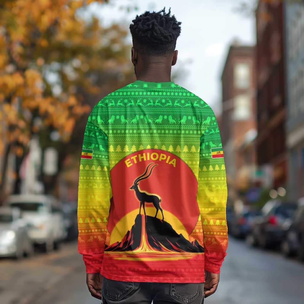 Ethiopia Christmas Long Sleeve Shirt Mountain Gazelle Sunset Ethiopian Flag - African Pride