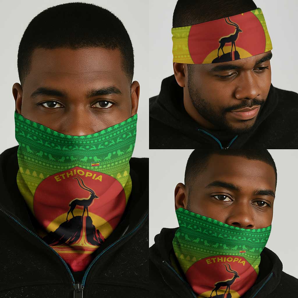 Ethiopia Christmas Neck Gaiter Mountain Gazelle Sunset Ethiopian Flag - African Pride