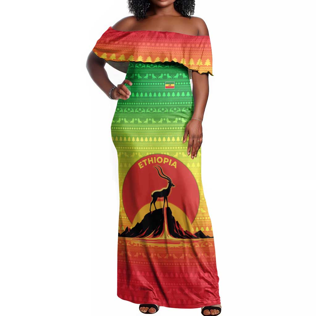 Ethiopia Christmas Off Shoulder Maxi Dress Mountain Gazelle Sunset Ethiopian Flag - African Pride