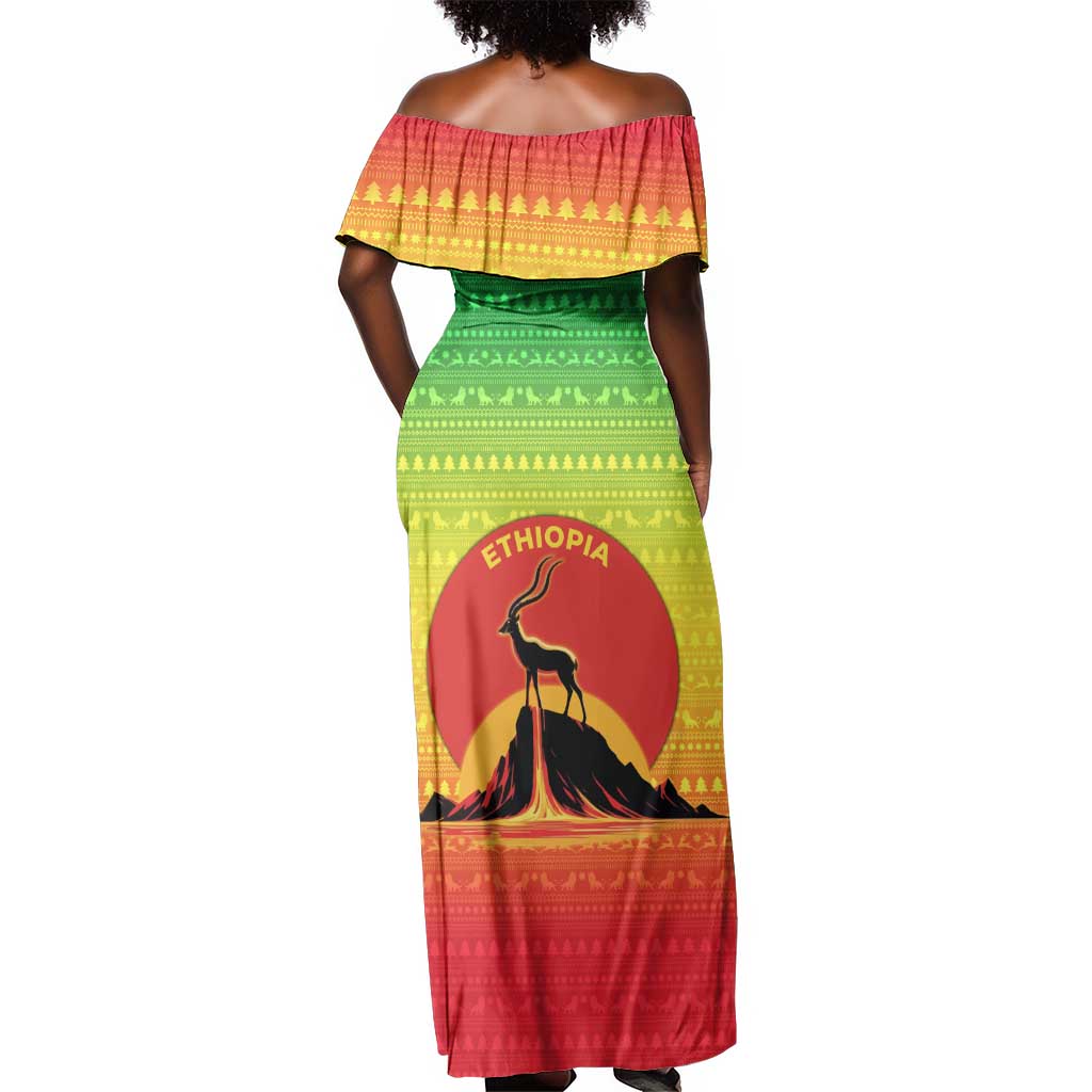 Ethiopia Christmas Off Shoulder Maxi Dress Mountain Gazelle Sunset Ethiopian Flag - African Pride