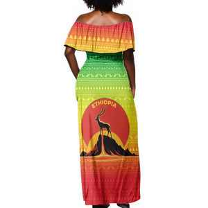 Ethiopia Christmas Off Shoulder Maxi Dress Mountain Gazelle Sunset Ethiopian Flag - African Pride