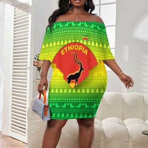 Ethiopia Christmas Off Shoulder Short Dress Mountain Gazelle Sunset Ethiopian Flag - African Pride
