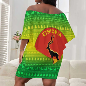 Ethiopia Christmas Off Shoulder Short Dress Mountain Gazelle Sunset Ethiopian Flag - African Pride