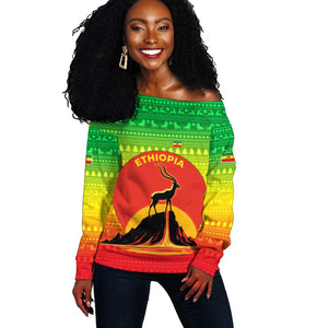 Ethiopia Christmas Off Shoulder Sweater Mountain Gazelle Sunset Ethiopian Flag - African Pride