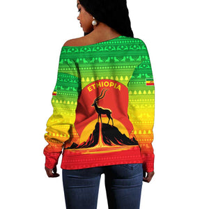 Ethiopia Christmas Off Shoulder Sweater Mountain Gazelle Sunset Ethiopian Flag - African Pride