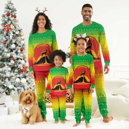 Ethiopia Christmas Pajama Set Mountain Gazelle Sunset Ethiopian Flag - African Pride