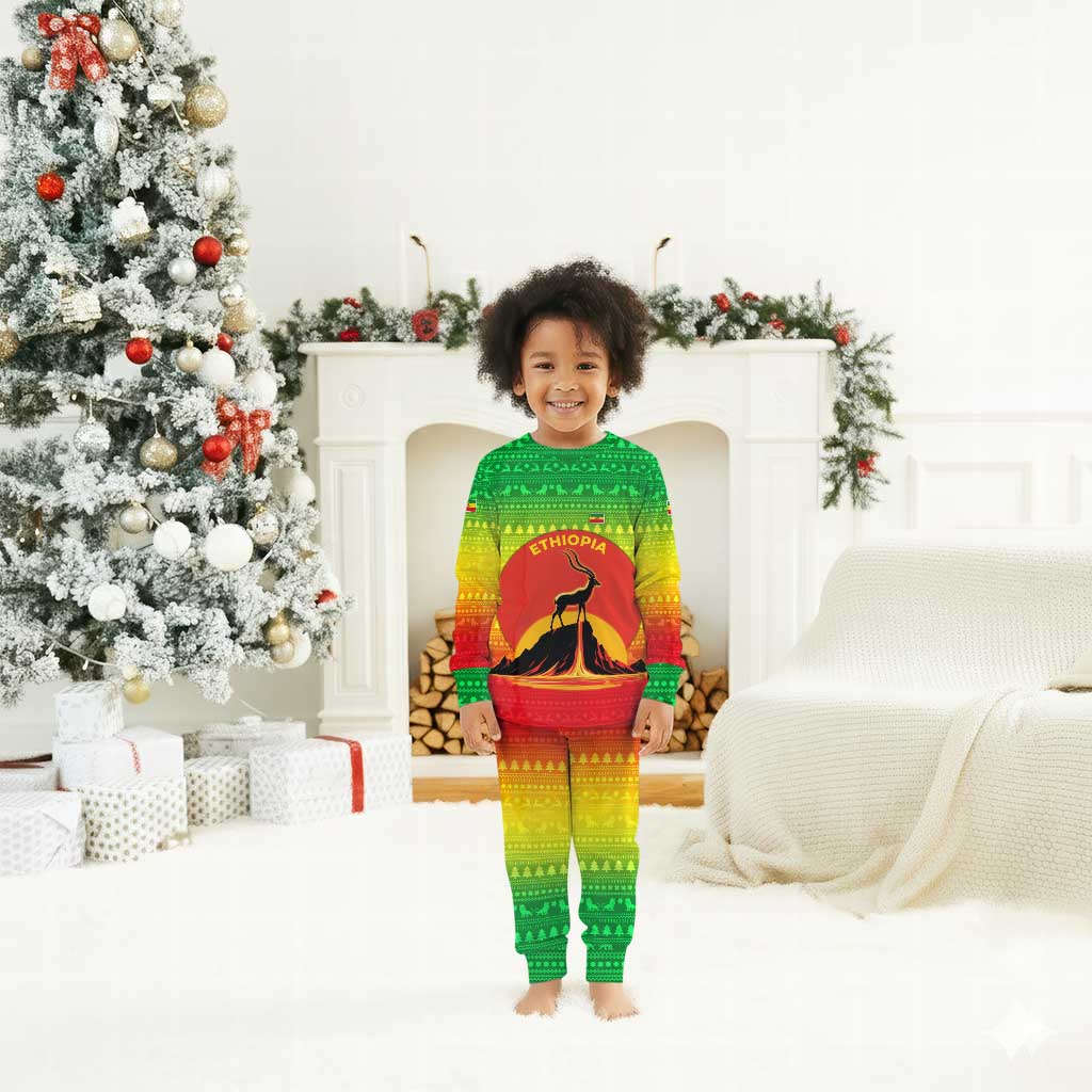 Ethiopia Christmas Pajama Set Mountain Gazelle Sunset Ethiopian Flag - African Pride