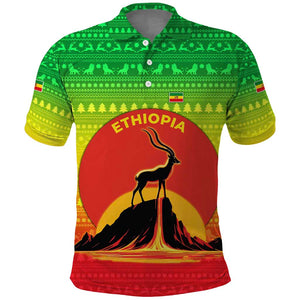 Ethiopia Christmas Polo Shirt Mountain Gazelle Sunset Ethiopian Flag - African Pride
