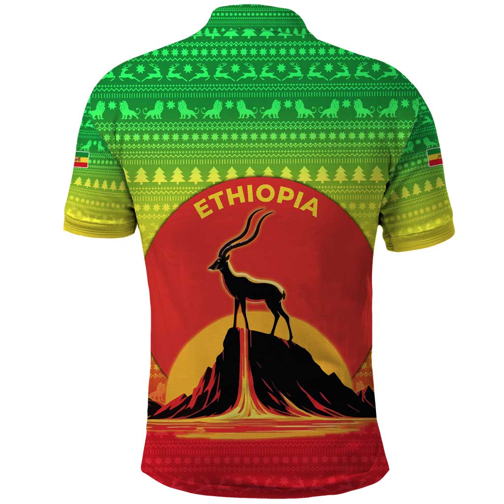 Ethiopia Christmas Polo Shirt Mountain Gazelle Sunset Ethiopian Flag - African Pride