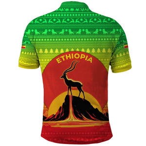Ethiopia Christmas Polo Shirt Mountain Gazelle Sunset Ethiopian Flag - African Pride